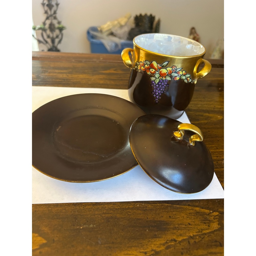 Vintage Czech Slov. Porcelain Condensed Milk Lidded Cup Saucer Fruit Gold Gilt - Picture 3 of 5